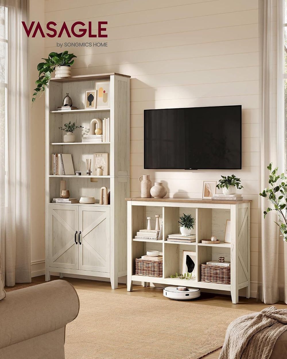 VASAGLE Farmhouse Bookshelf, 6-Cube Storage Organizer with Legs