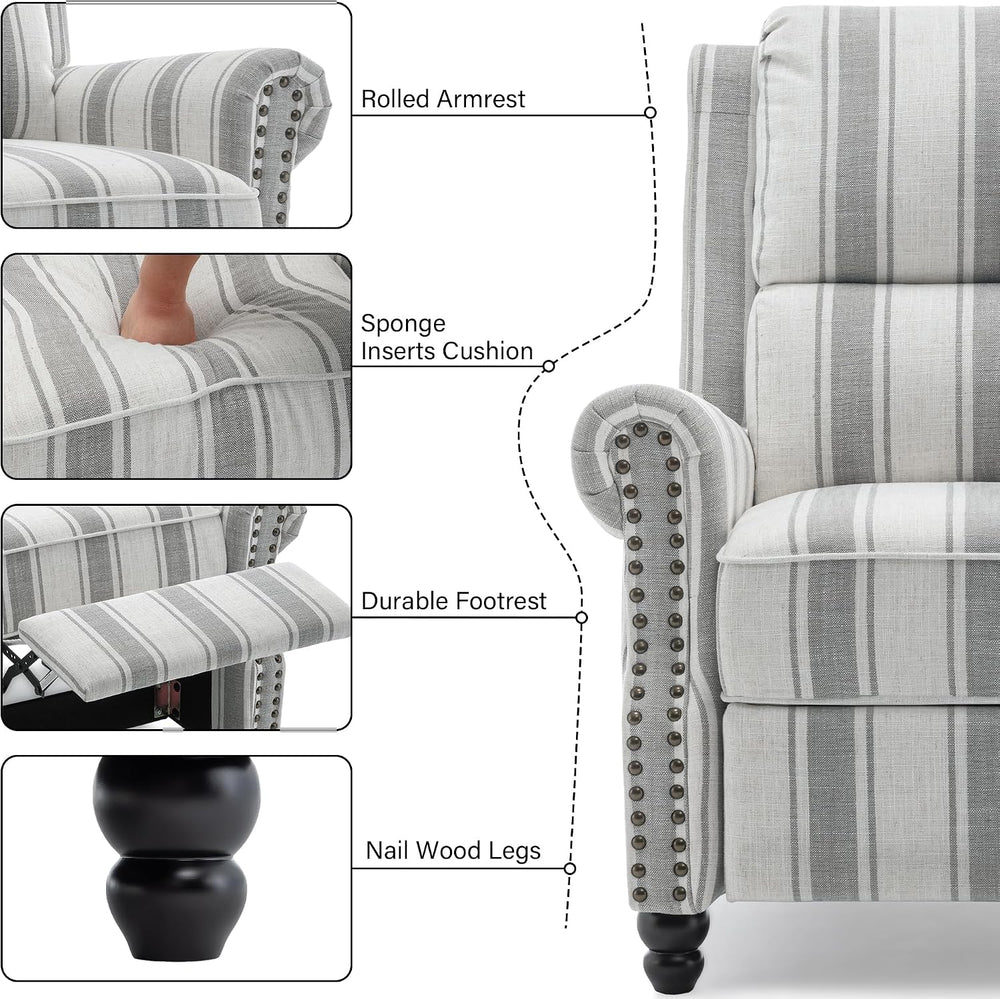 Recliner Chair, Modern Pushback Armchair, Stripe Grey, Set of 1