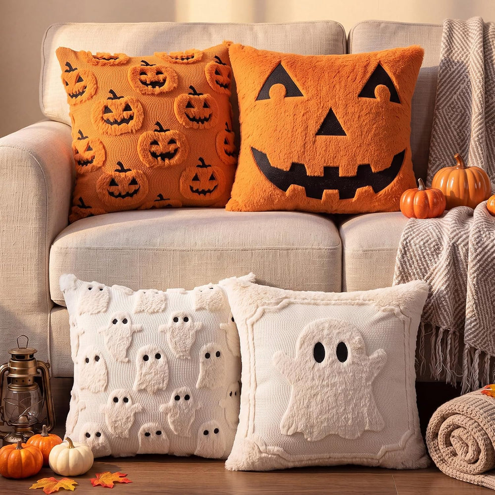 4 Pcs Halloween Throw Pillow Cover 18x18 Ghost Pumpkin Jack Decoration