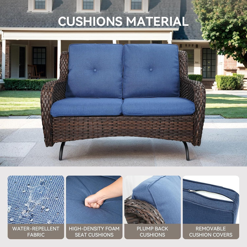 Patio Loveseat Wicker Loveseat Rattan Glider Sofa with Curved Armrest Thickin...