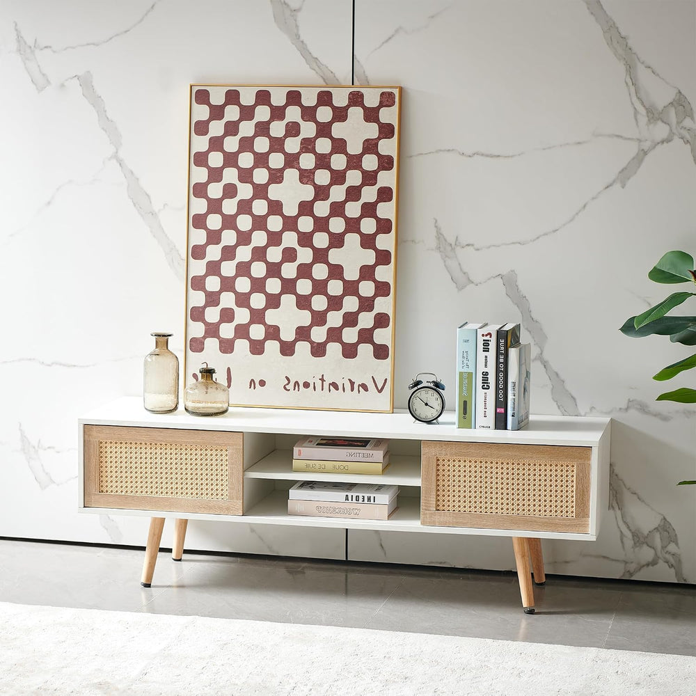 Meihua 55.12" Rattan TV Stand with Sliding Doors, Adjustable Shelves, So...