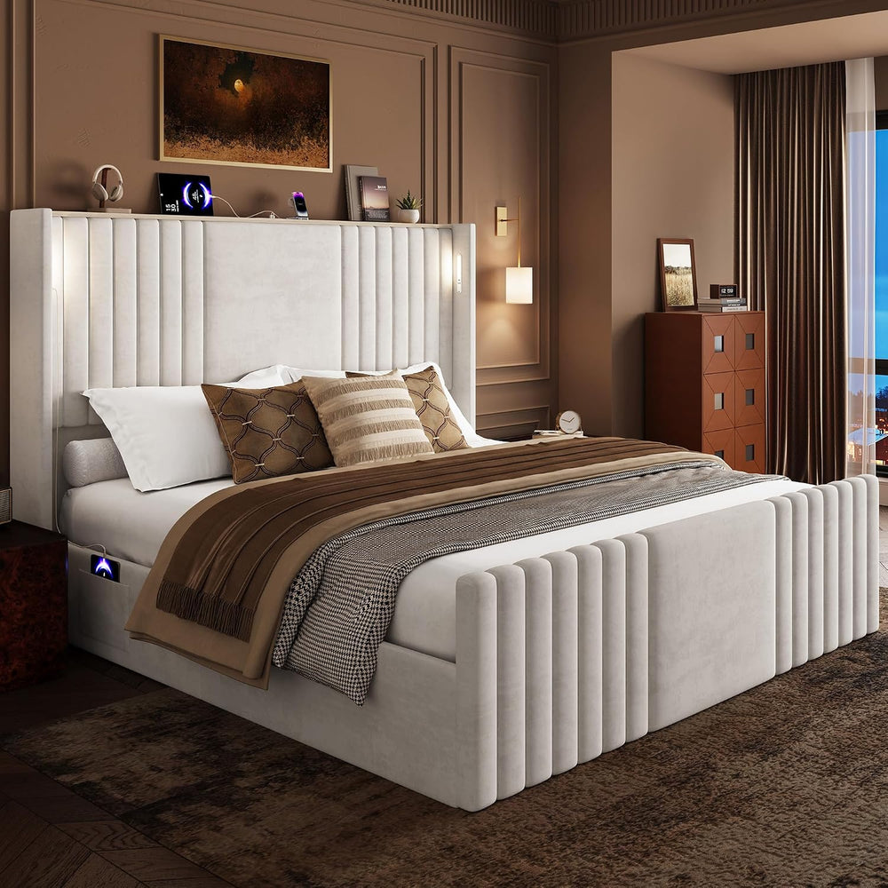 55" Tall King Size Platform Bed Frame with 2 Reading Lights, Cream