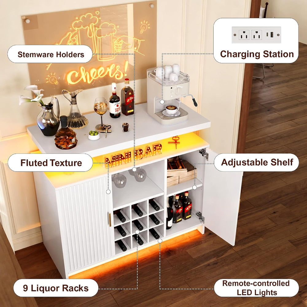 DreamDashio White Wine Cabinet, Fluted Coffee Bar with LED & Outlets