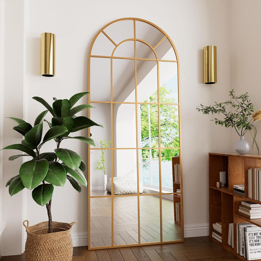 HARRITPURE Arched Full Length Mirror 71"x30" Gold Windowpane Floor ...