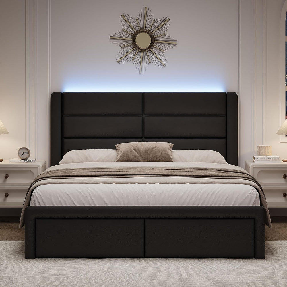 Queen Upholstered Bed Frame with Headboard and LED Lights, Modern Faux Leathe...