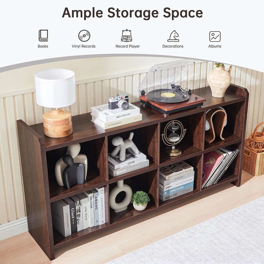 8 Cube Low Storage Organizer, 63" Long Horizontal Bookshelf, Dark Walnut