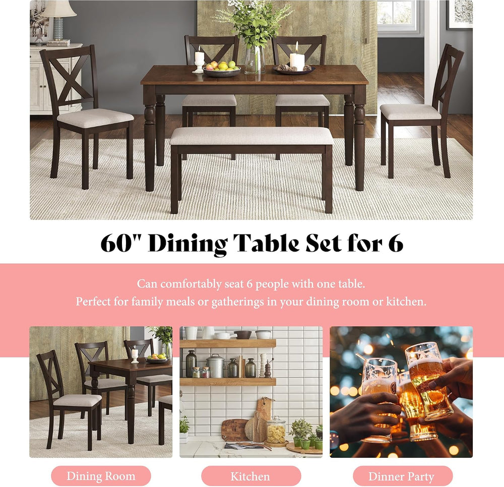 AMERLIFE 6 Piece Farmhouse Dining Set with 60" Solid Wood Table, Brown