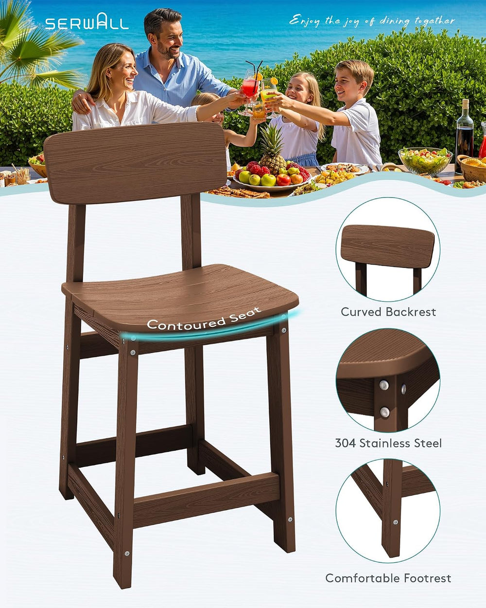 SERWALL Outdoor HDPE Counter-Height Bar Stools Set of 2, Brown