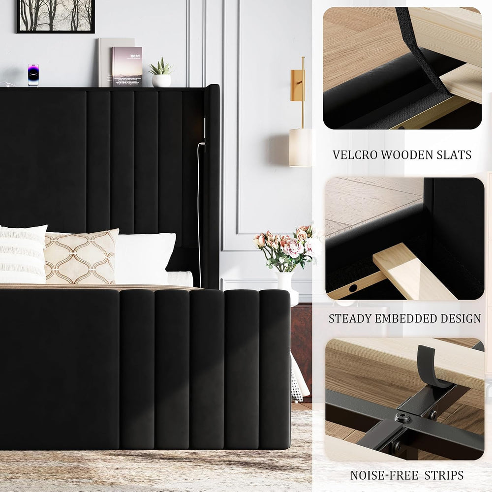 55" Tall Queen Size Platform Bed Frame with 2 Reading Lights, Black