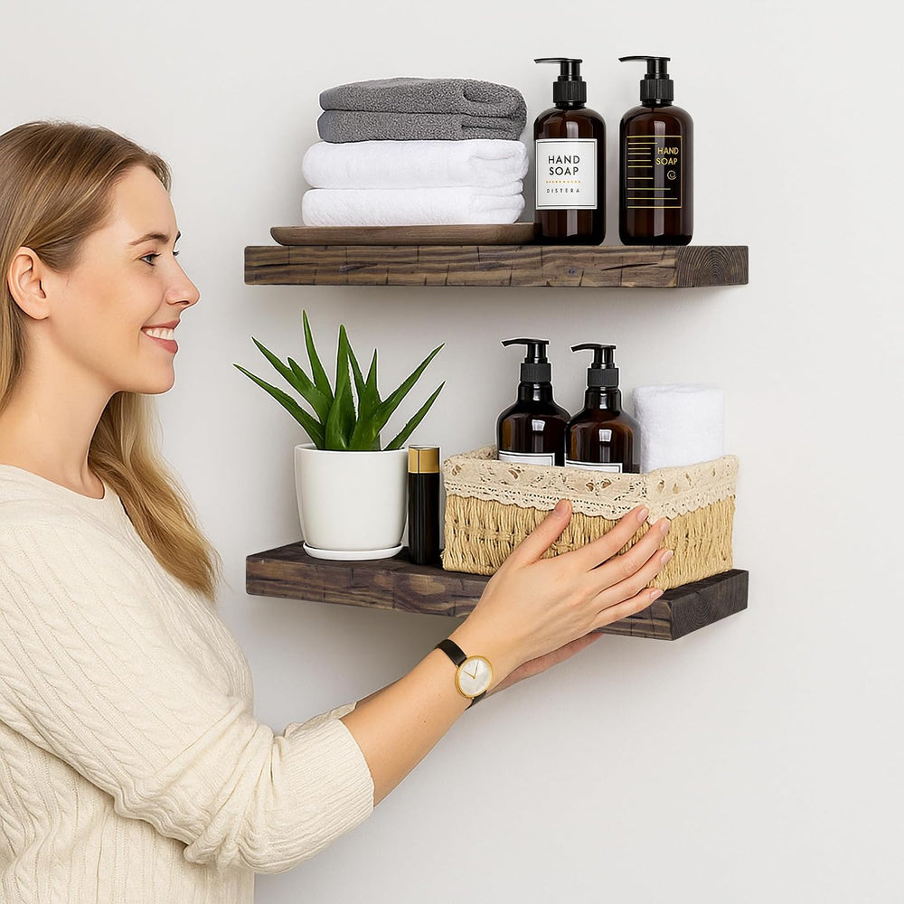 BGMG Wood Floating Shelves for wall 18 inch, Distressed Rustic Wooden Wall Mo...