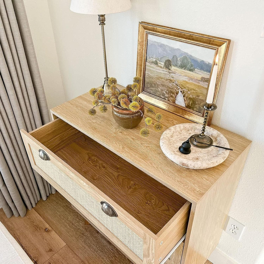 PHI VILLA Natural Rattan Nightstand, 3 Drawer Dresser Bedside Table