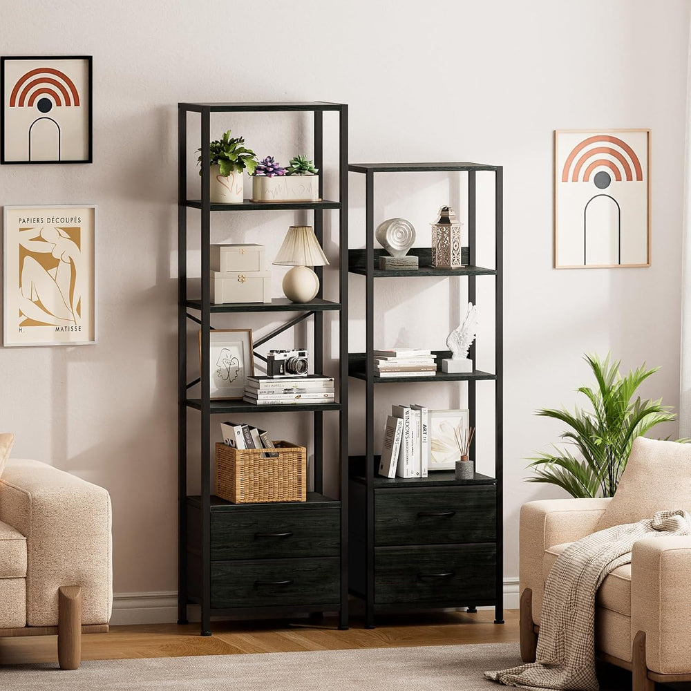 Furnulem 5-Tier Tall Corner Shelf, Narrow Bookshelf with Drawers