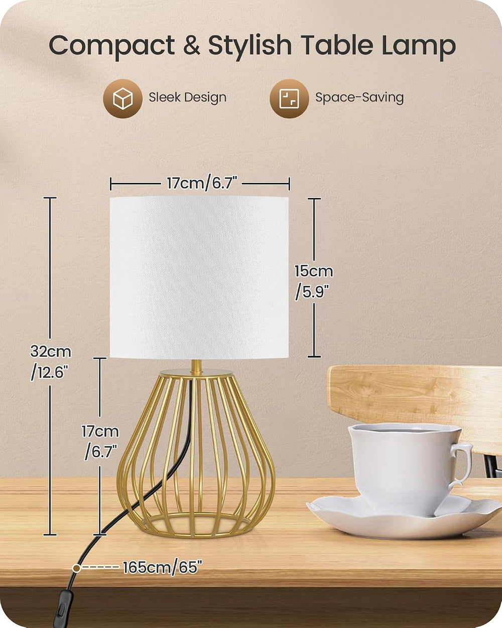 Gold Table Lamp Set of 2, Small Bedside Lamps Set of 2, 2700K LED Bulb Includ...