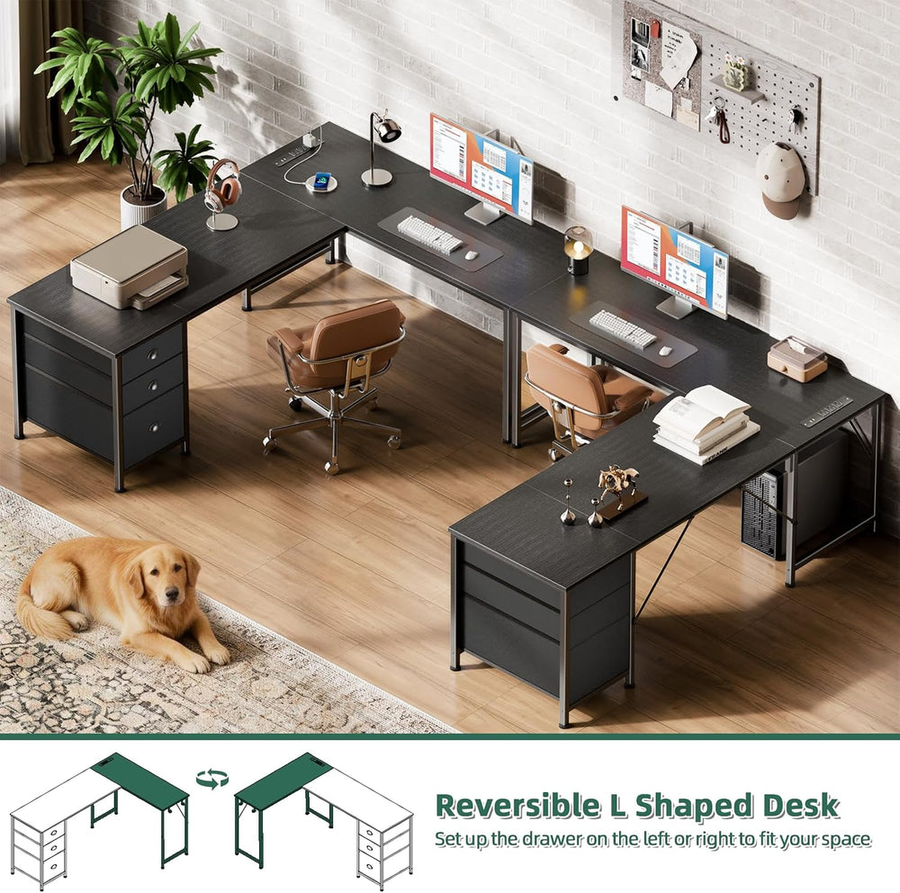 Furologee 63" L Shaped Desk, Computer Corner Desk with Outlets, Black