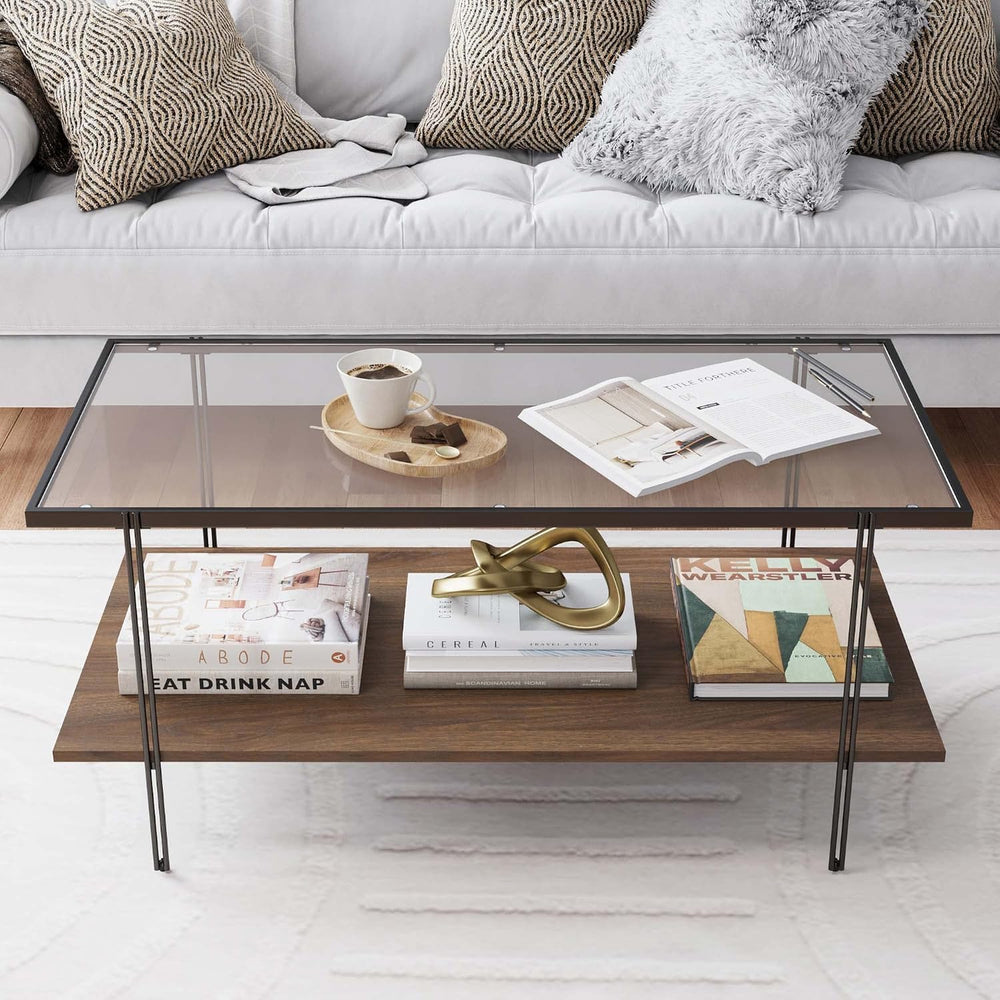 Nathan James Asher Mid-Century Rectangle Coffee Table Glass Top and Wood Fini...