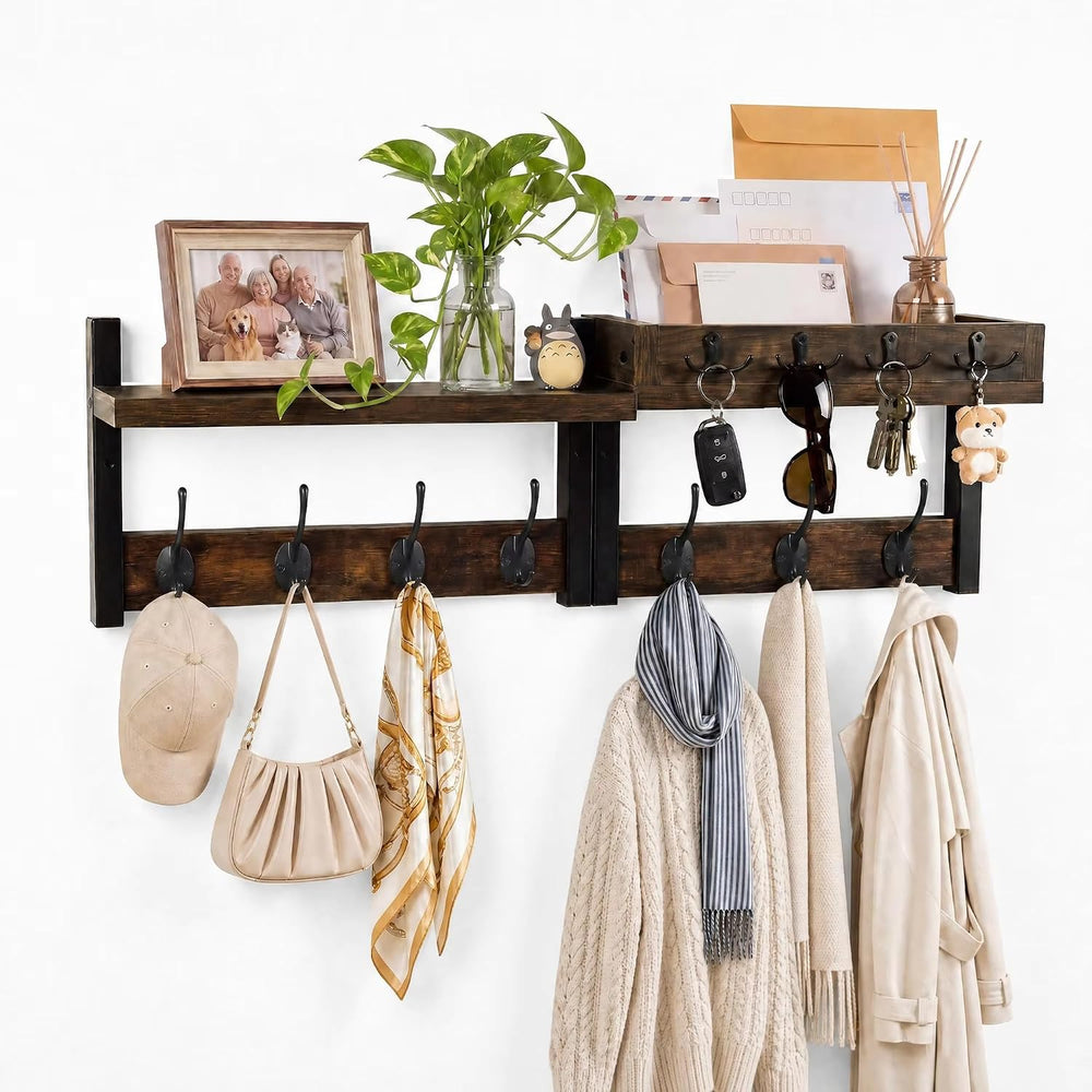 29" Coat Rack Wall Mount with Shelf, Mail & Key Organizer, Brown