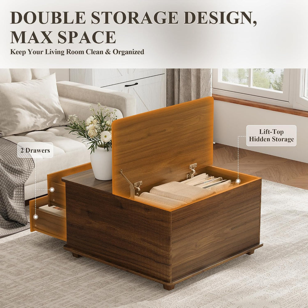 MALOL Storage Coffee Table with 2 Drawers & Flip-Top Lid with Hidden Stor...