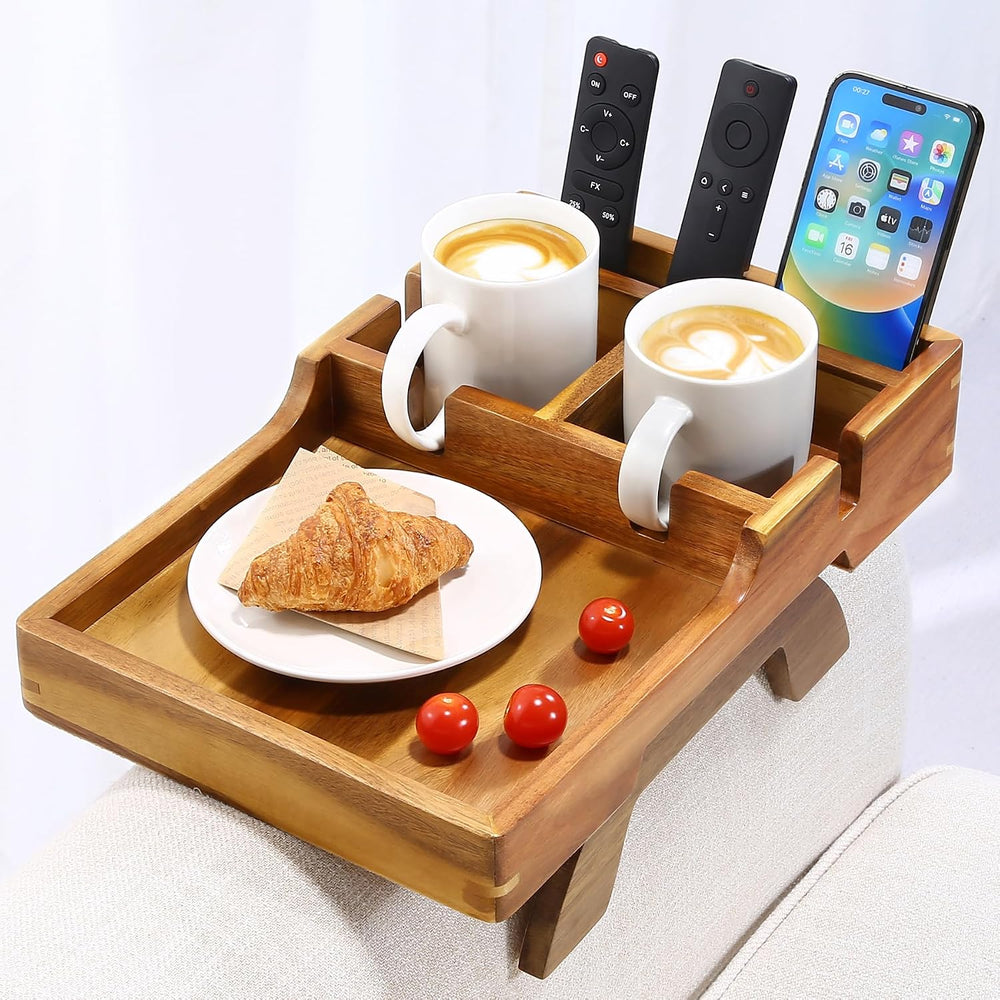 Acacia Wood Couch Armrest Table with 2 Cup Holders & Remote Slot 15.4&quo...
