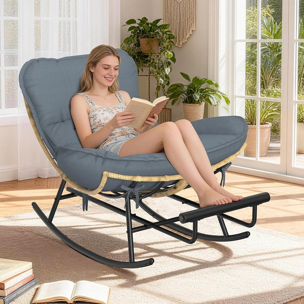 ZENPETIO Papasan Rocking Chair - 500LBS Oversized Rocer with Footrest