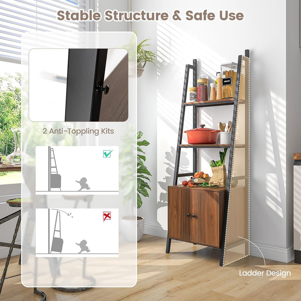 Tangkula 4-Tier Ladder Shelf, Industrial Bookshelf w/Cabinet, Rustic Brown