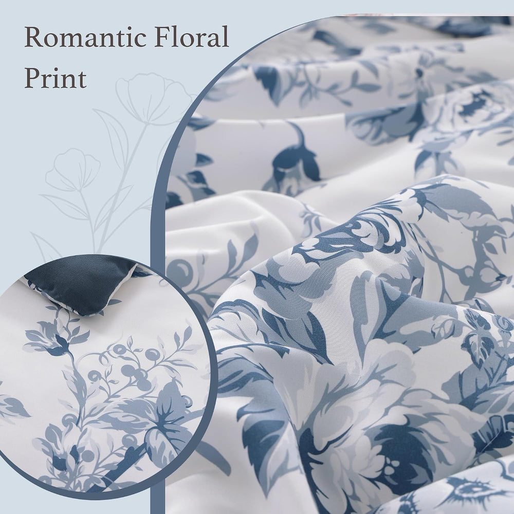 BLOOMHAVEN Queen Comforter Set-7 Pieces Blue Floral Bed in a Bag Queen