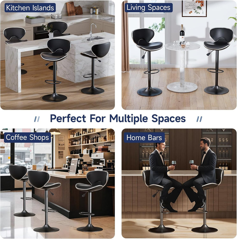 Bar Stools Set of 2 Adjustable Swivel PU Leather Black, Matte Black Base