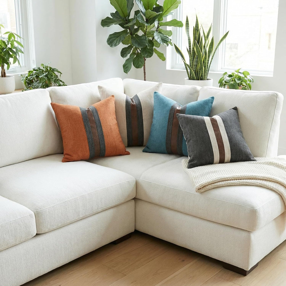 Set of 2 Leather Throw Pillow Covers Cotton Linen Decor Patchwork Pillow Cove...