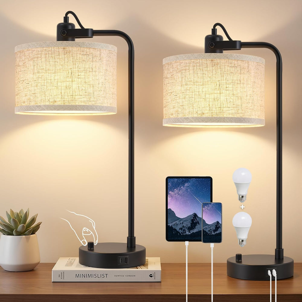 Black Table Lamp Set of 2, USB A+C, 180° Adjustable Bedside Lamps, Dimmable