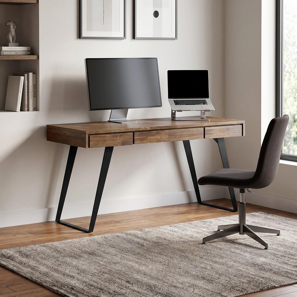SIMPLIHOME Lowry 54" Wide Solid Acacia Wood Writing Desk in Natural Brown