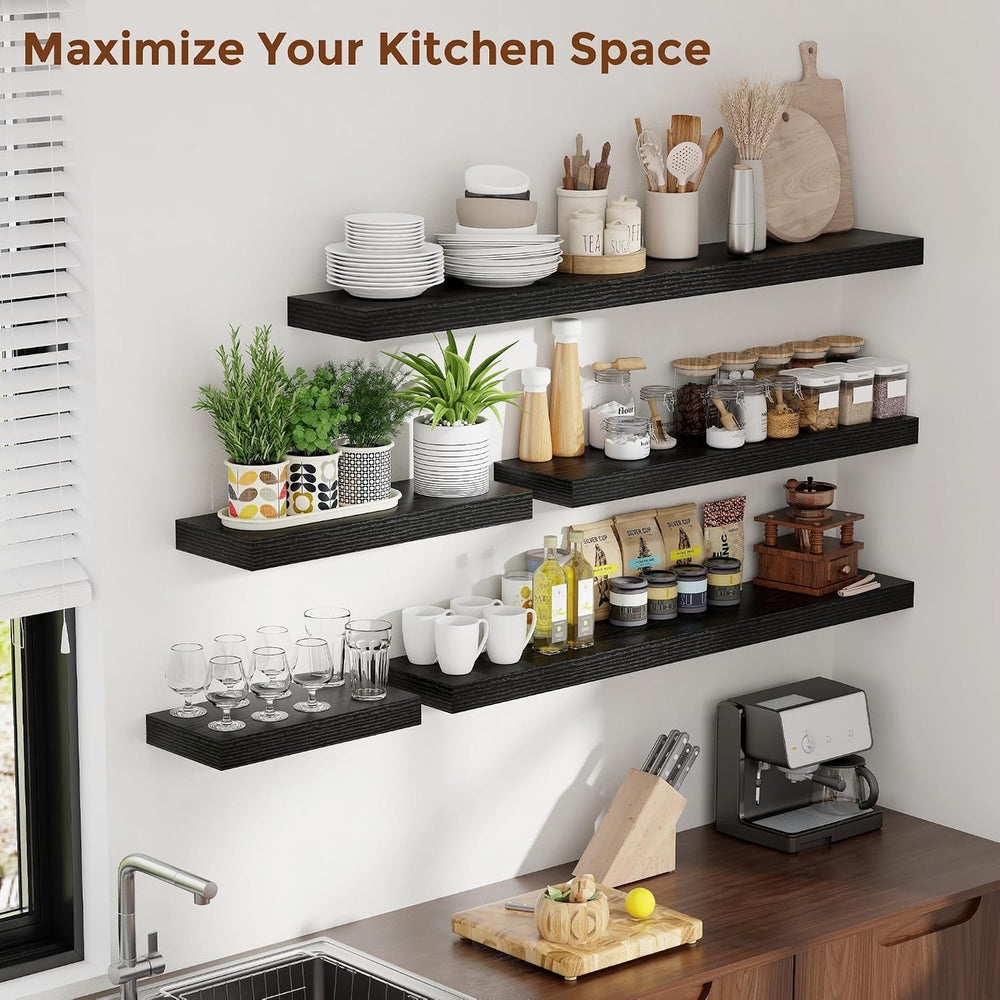 Heimlove 48 Inch Floating Shelves for Wall 8 Inch Deep Black Shelves Set of 2...