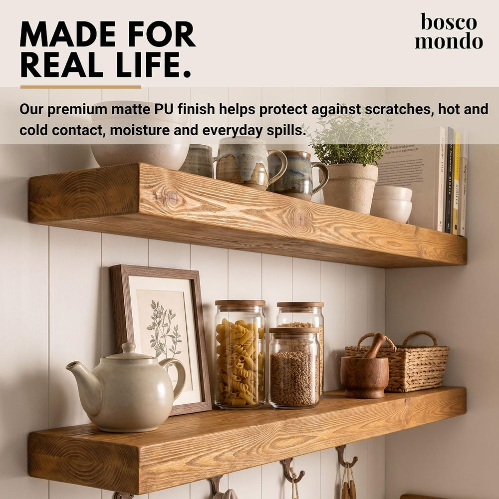 3 Inch Thick Floating Shelves, Solid Pine Wood, 8 Inch Deep, Set of 2