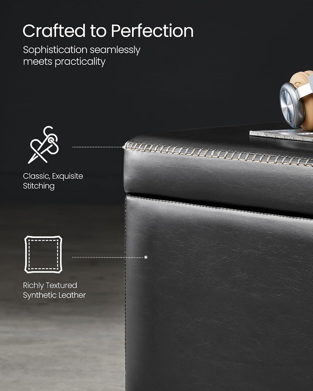 VASAGLE Storage Ottoman Bench with Stitching, PU Leather, Entryway Bedroom