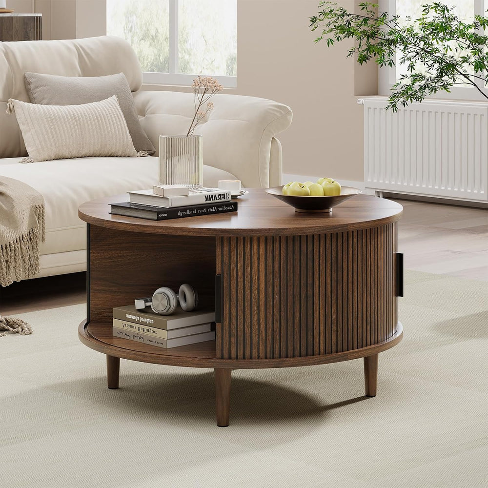 Round Coffee Table with Storage for Living Room, 31.5", Walnut