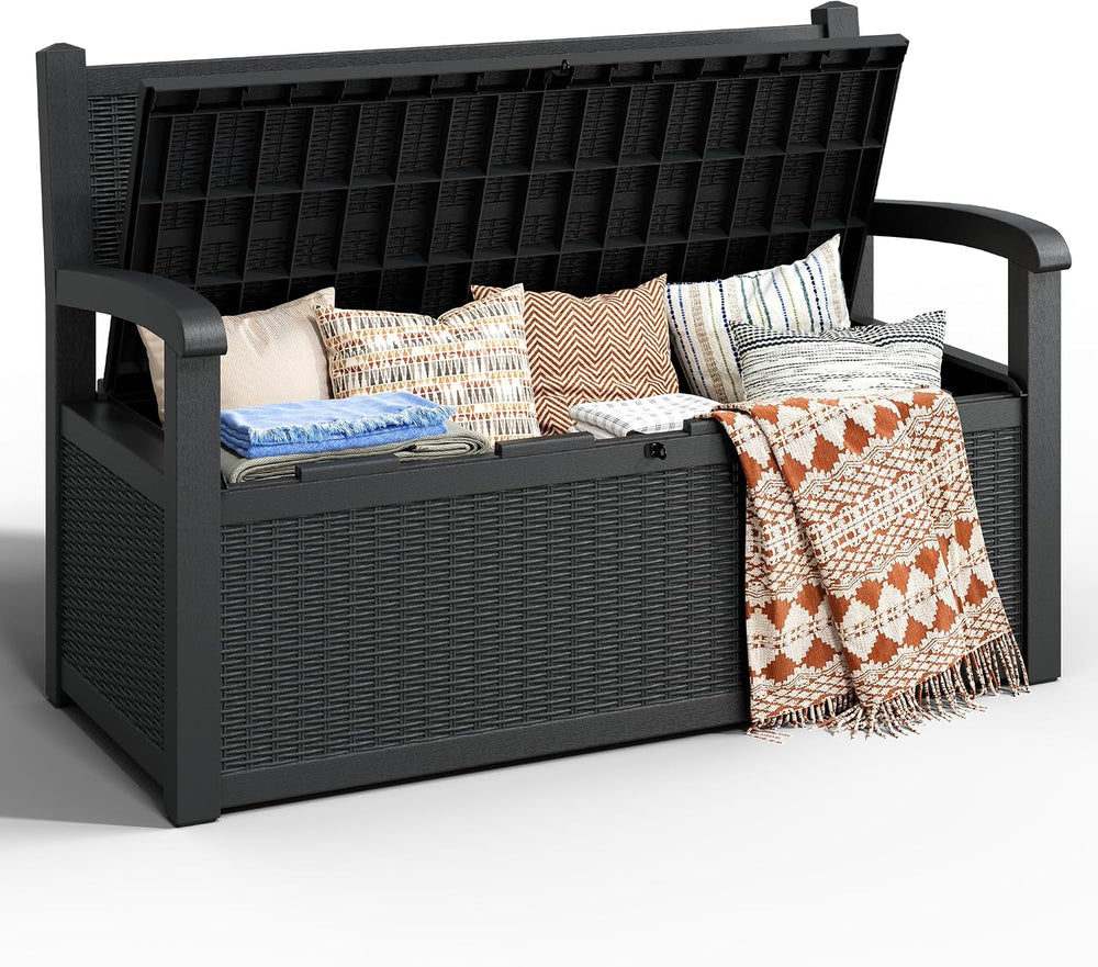 80 Gallon Outdoor Storage Bench, Resin Outside Storage Box with Armrest, Lock...
