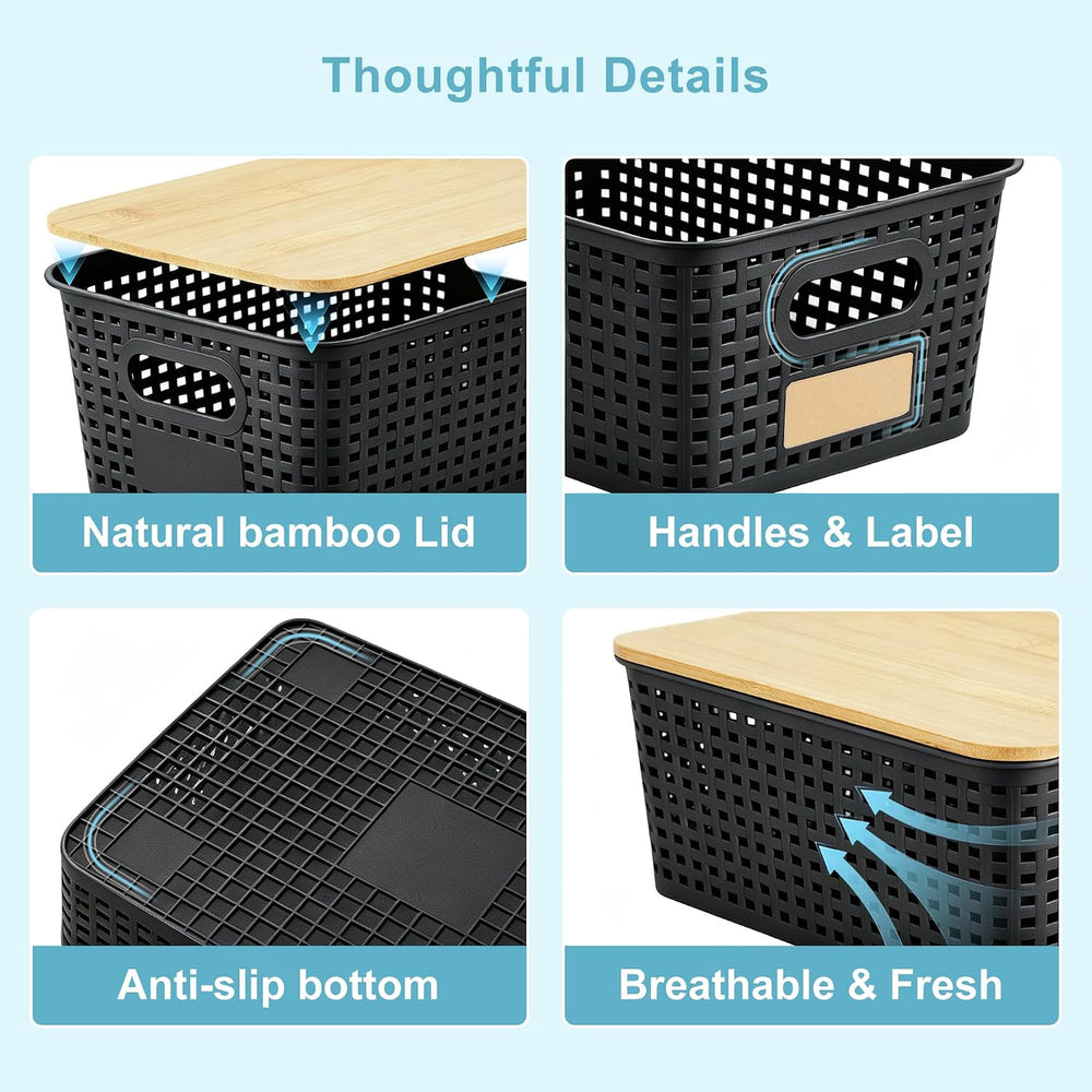 Bagnizer Small Plastic Storage Bins with Bamboo Lids 5.2qt Stackable Box Bask...