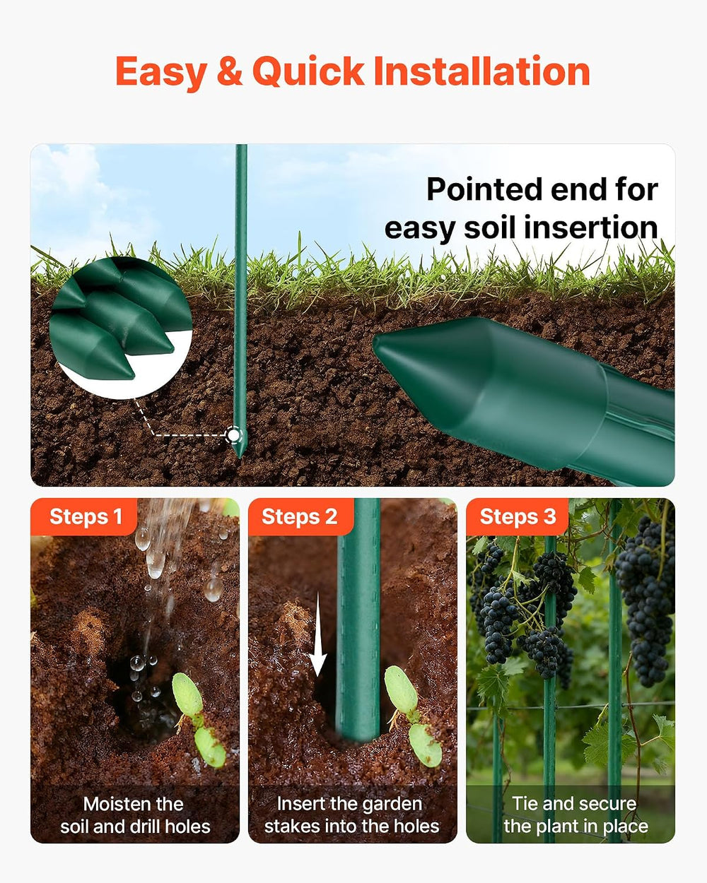 VEVOR Garden Stakes, 10 Pack, 93.7 inch, Plastic Coated Metal Tomato Stakes, ...