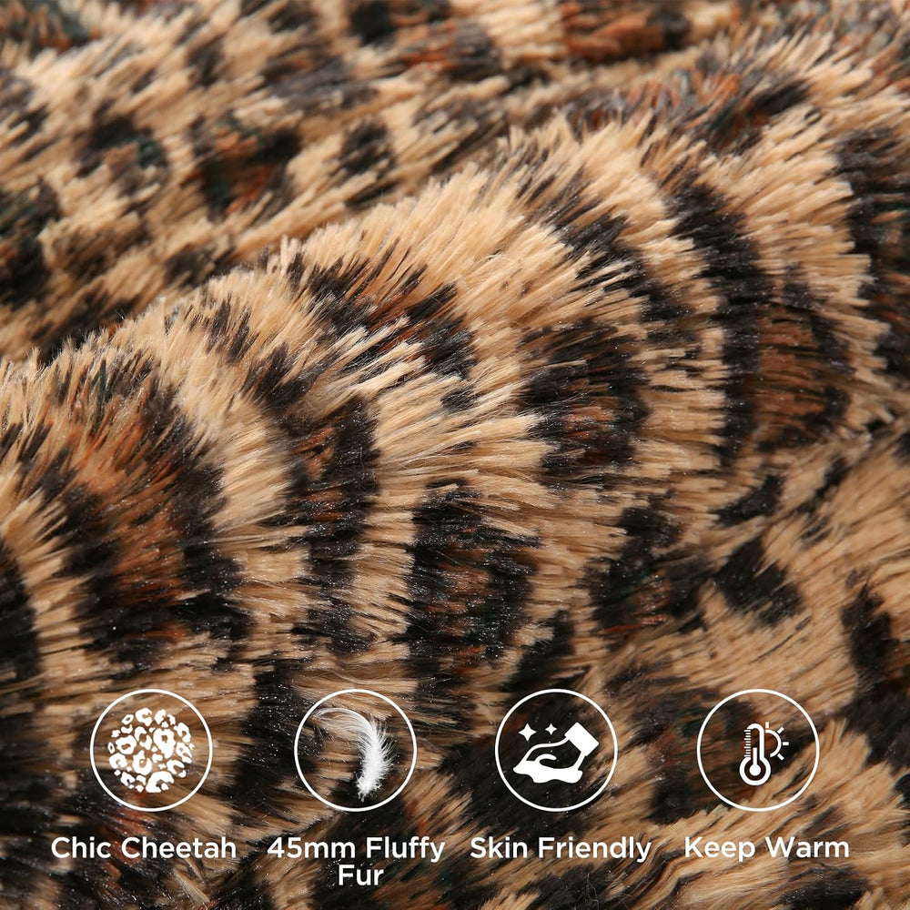 Cheetah Print Fluffy Faux Fur Comforter Set Queen Size, 3 Pieces, Brown