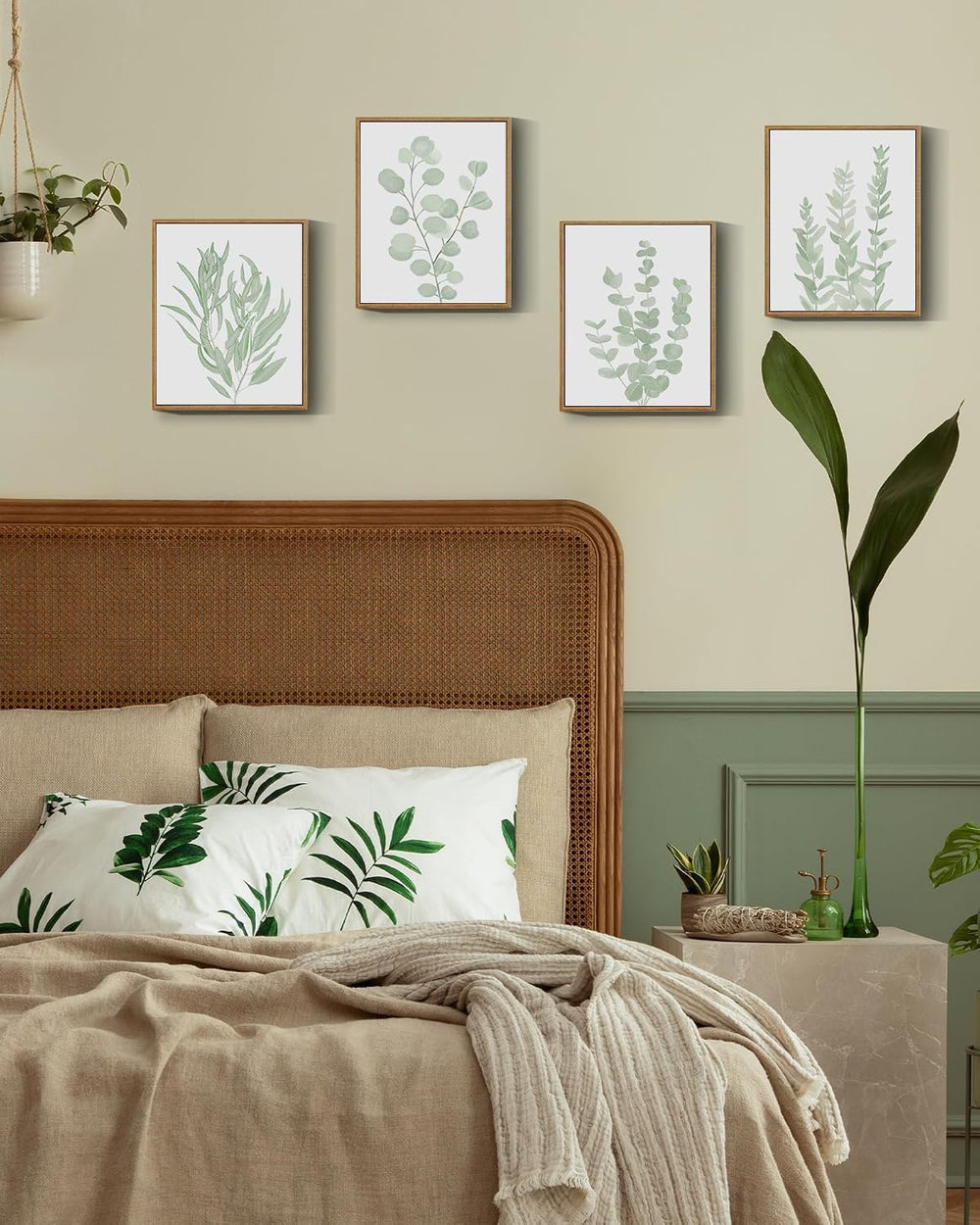 Drsoum Framed Botanical Plant Canvas Wood Wall Art Light Green Sage Wall Deco...