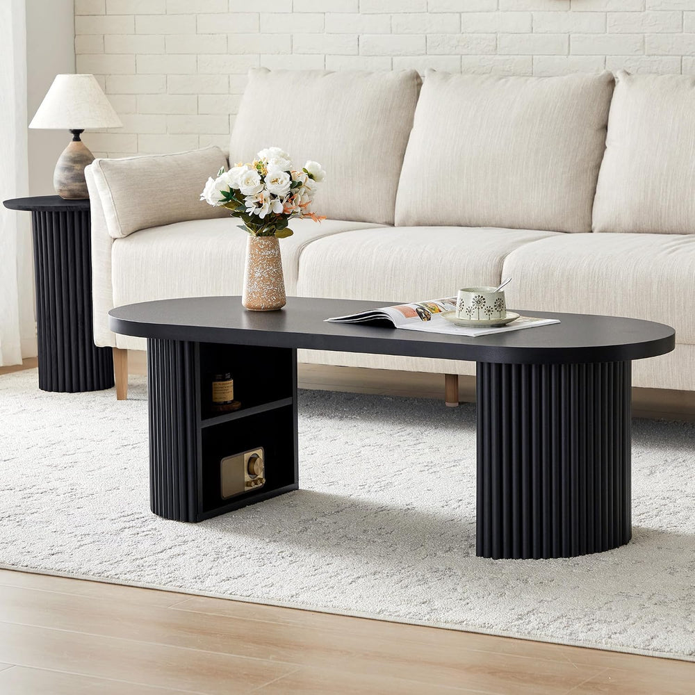 Oval Fluted Coffee Table, 47" Farmhouse Wood Coffee Table Mid Century Mo...