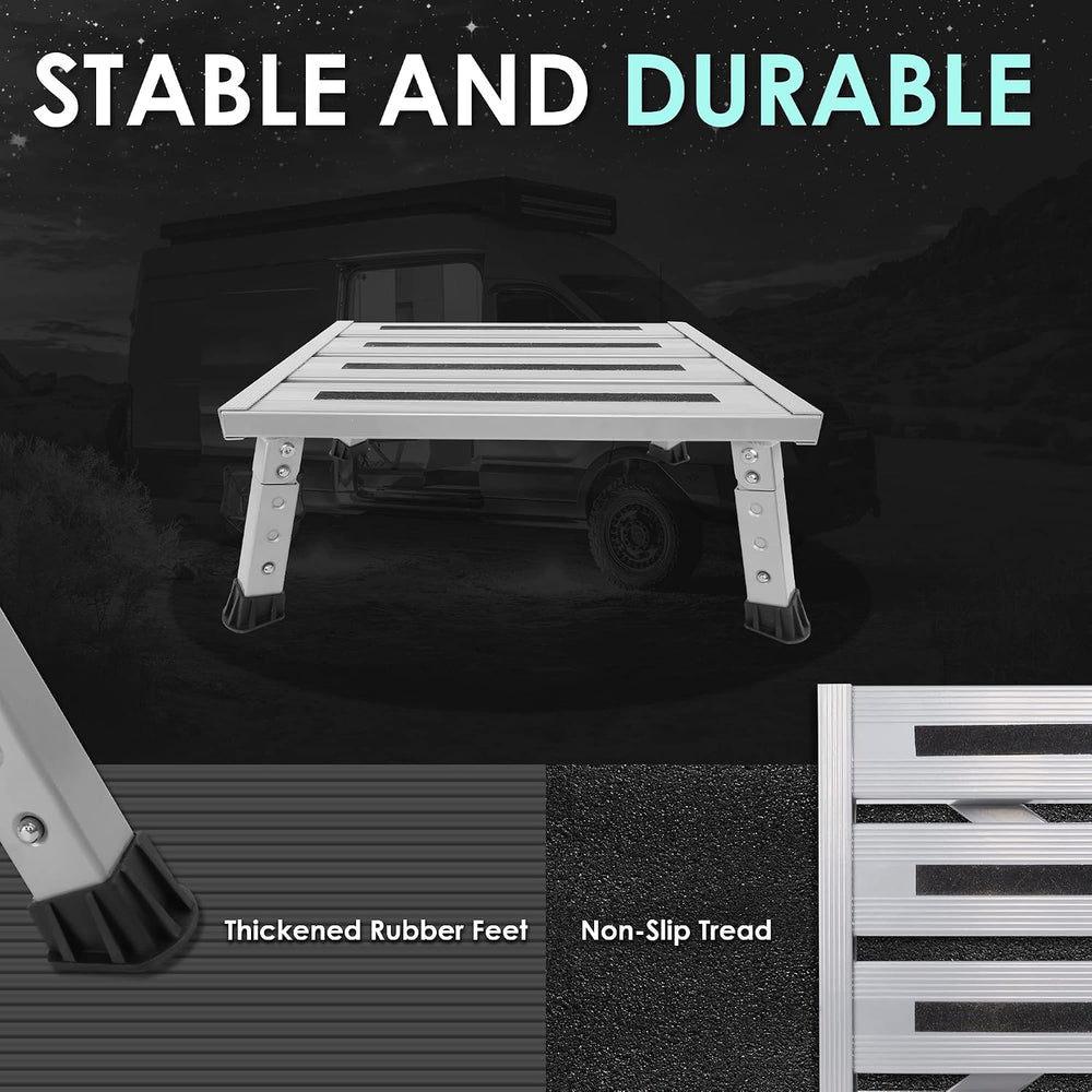 Adjustable RV Step Stool, Wide Platform, Foldable Legs, Silver