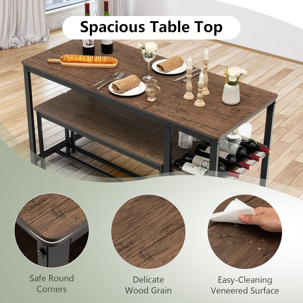 COSTWAY 3-Piece Dining Table Set for 4, Rustic Pub Table with 2 Benches