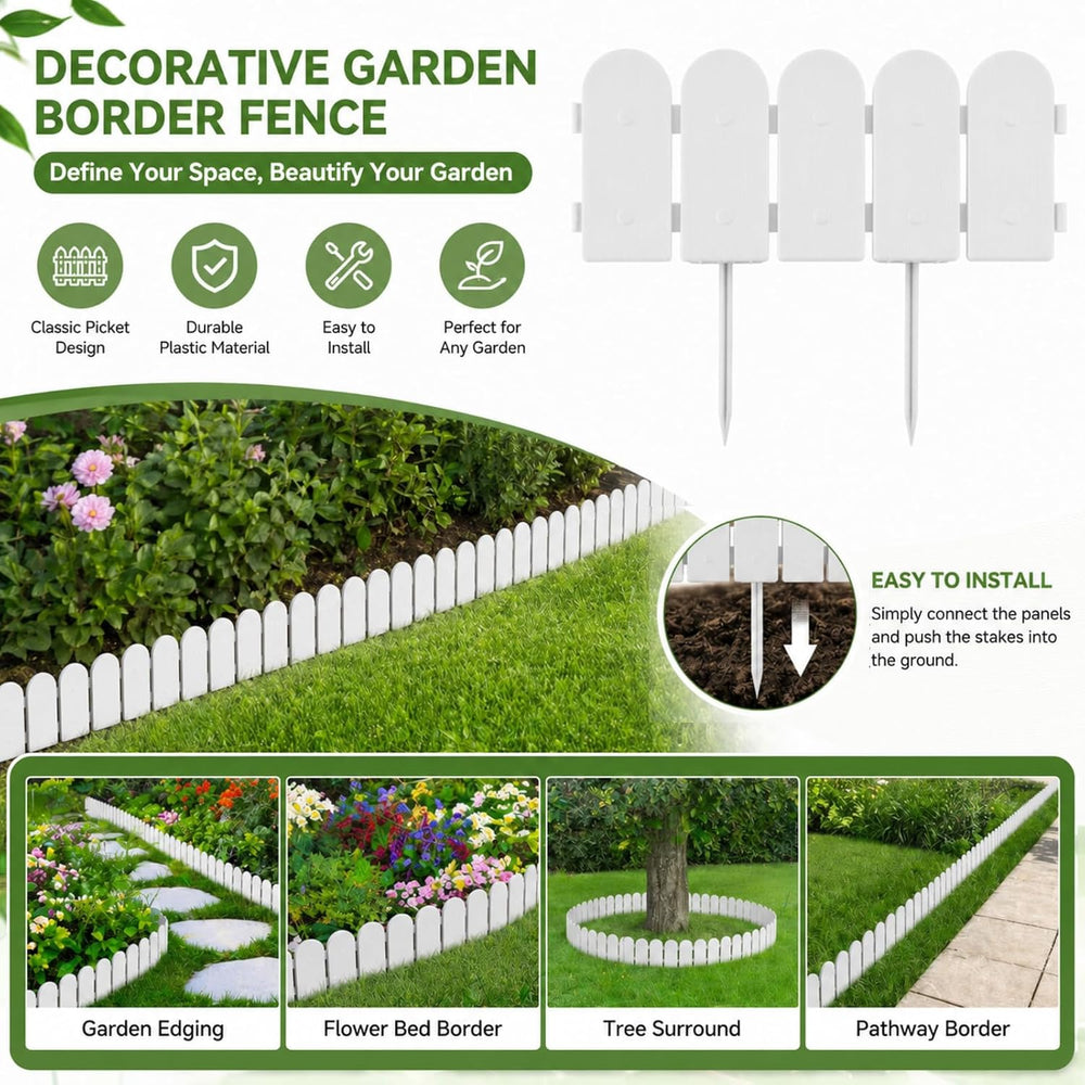 Evelyne Garden Border Edging: Wooden Fence Design - 8pcs White Yard Landscapi...