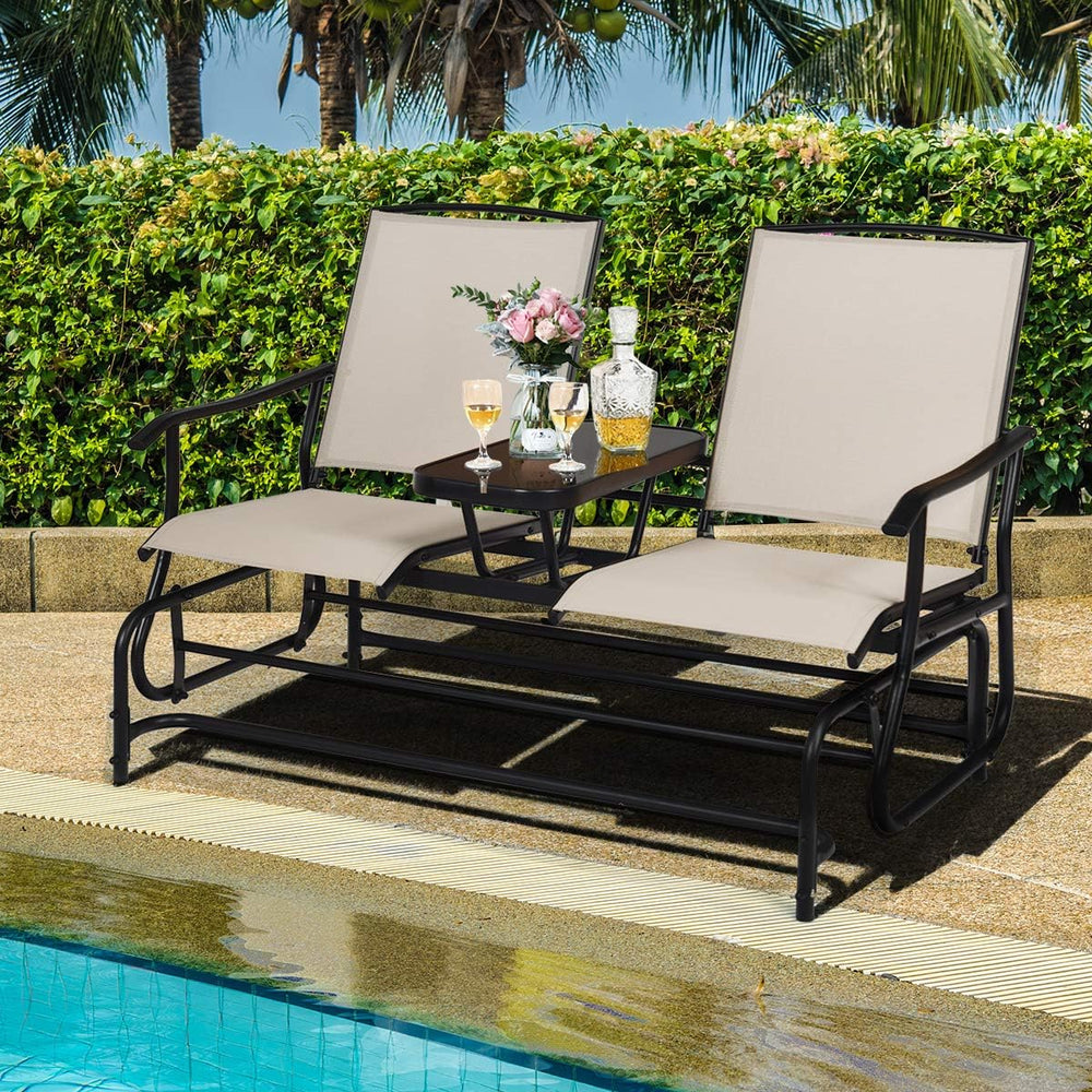 GIANTEX Patio Bench Glider Chair with Metal Frame, Center Tempered Glass Tabl...