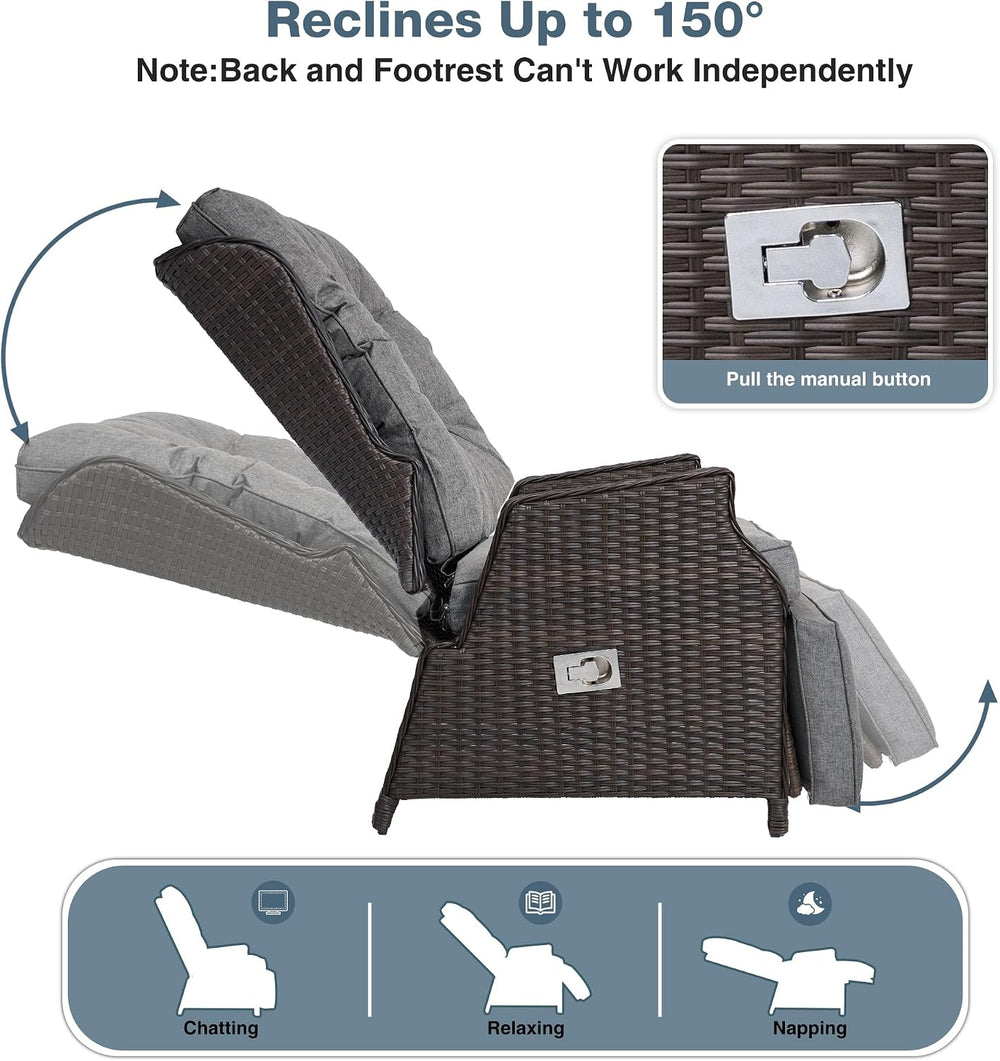 Outdoor Wicker Recliner with Adjustable Back and Footrest,Grey