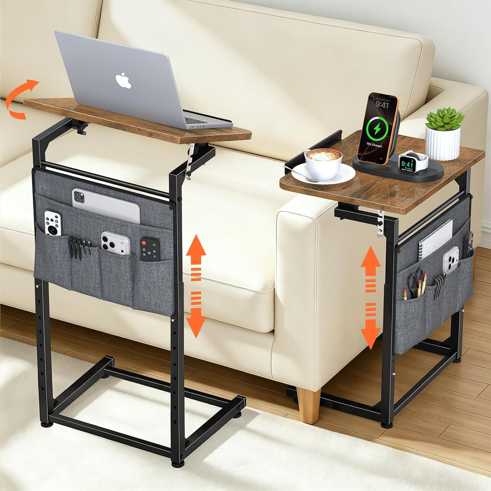 Small C Shaped End Table Set of 2, Slide Under Sofa Adjustable Height Side Ta...