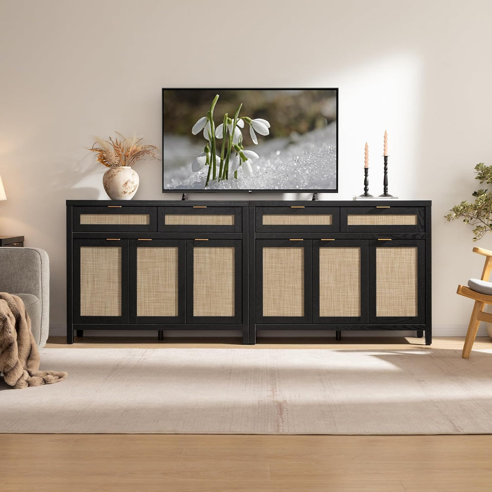 SICOTAS Rattan Sideboard Buffet Cabinet with Storage, Boho Credenza Accent
