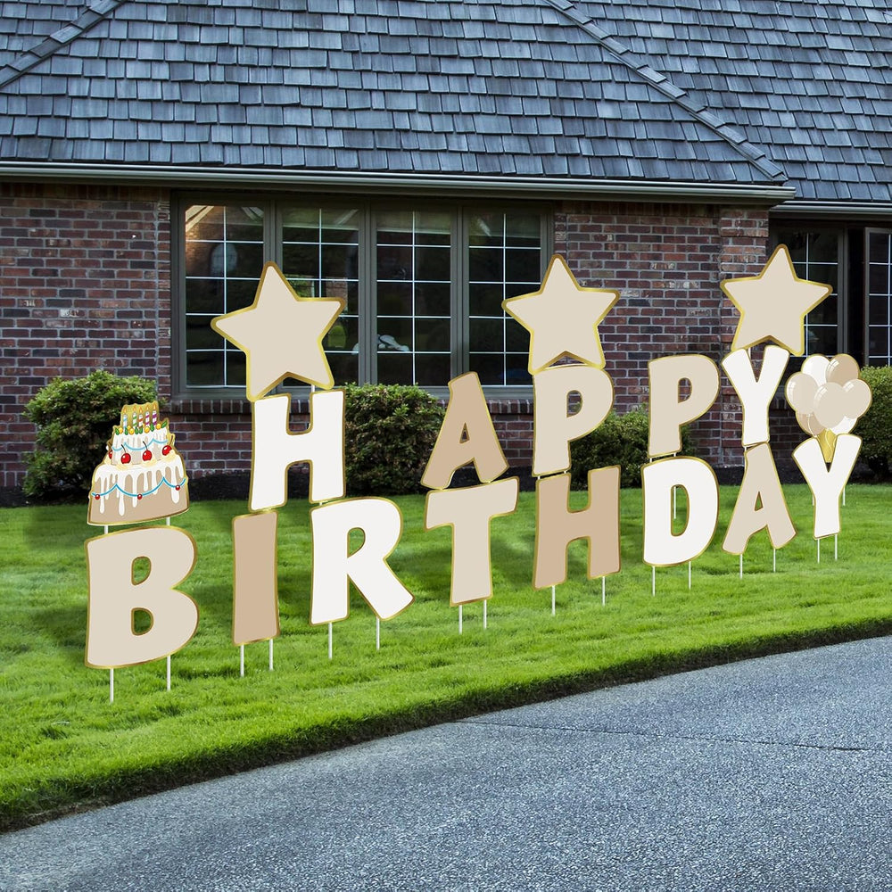 Jetec 18 Pcs Happy Birthday Yard Sign with Stakes and Light, Beige