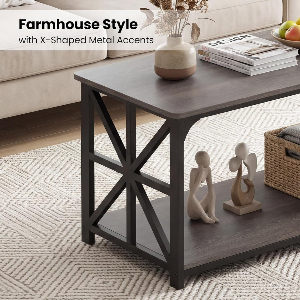 GIANTEX Farmhouse Coffee Table, 43" Center Table with Storage, Grey Oak