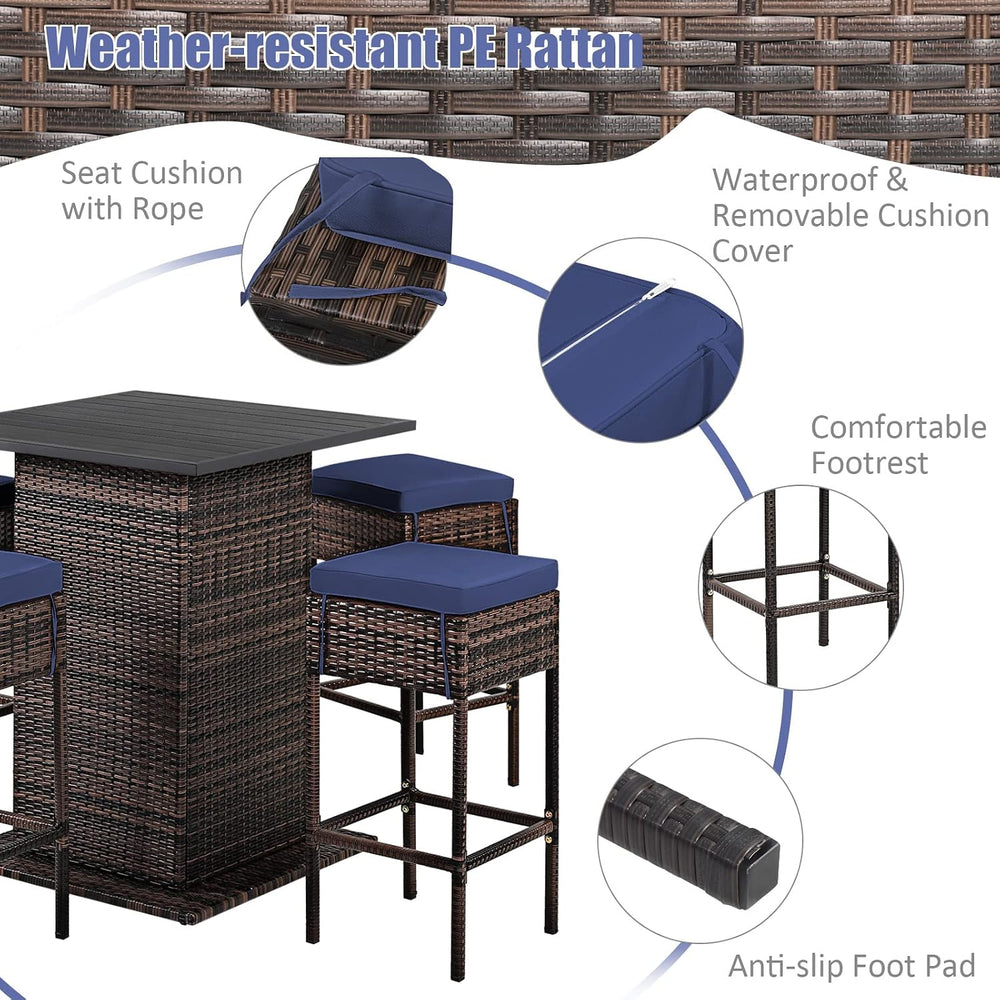 Tangkula 5 Piece Rattan Bar Table and Chairs Set Wirth 4 Cushioned Stools