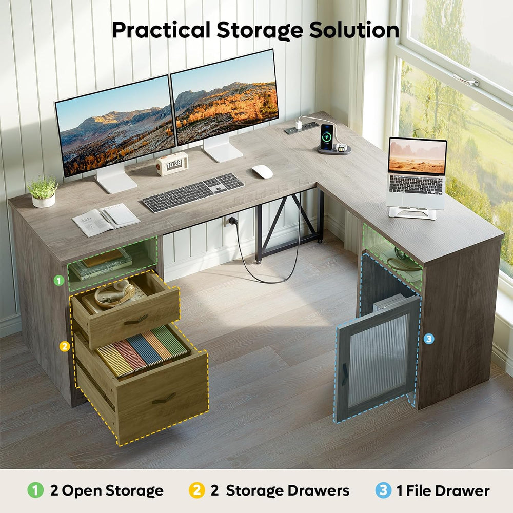 Bestier 63"x47" L Shaped Office Computer Desk with Charging Station...